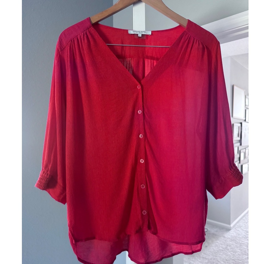 Gerard Darel Paris Red Crinkle V-Neck Button Front Blouse Smocked Cuff Size 2
